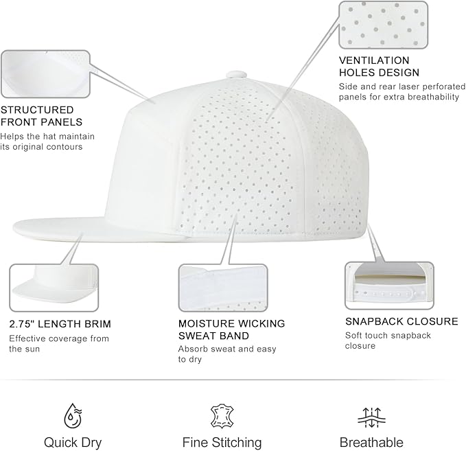 FEINION Men Flat Brim Adjustable Performance Hat Snapback Laser Perforated Baseball Cap