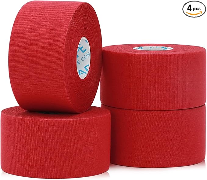 OK TAPE Athletic Sports Tape（4 Packs - 45ft Per Roll Very Strong Tape for Athlete & Sport Trainers & First Aid Injury Wrap, Perfect for Fingers Ankles Wrist on Bat, Hockey Stick - Red