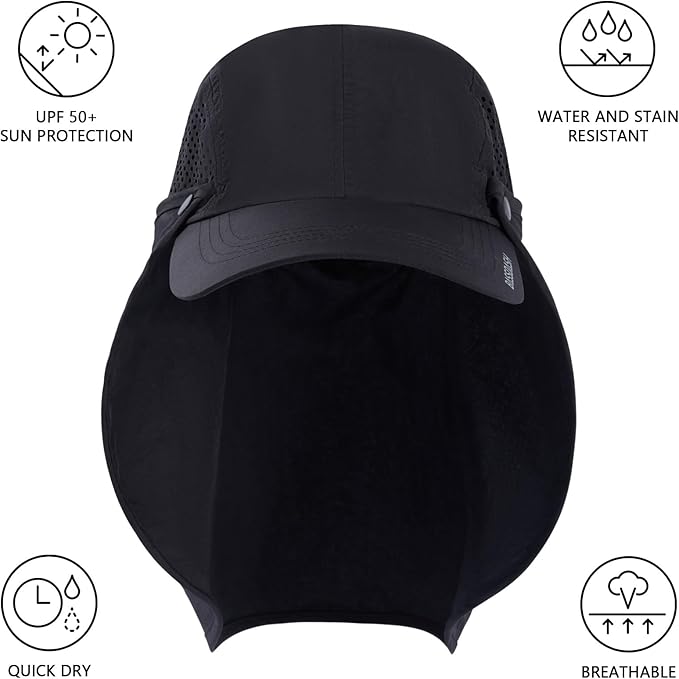 BASSDASH UPF 50+ Foldable Fishing Hat Baseball Cap with Removable Neck Flap Portable for Men Women Golf Hiking