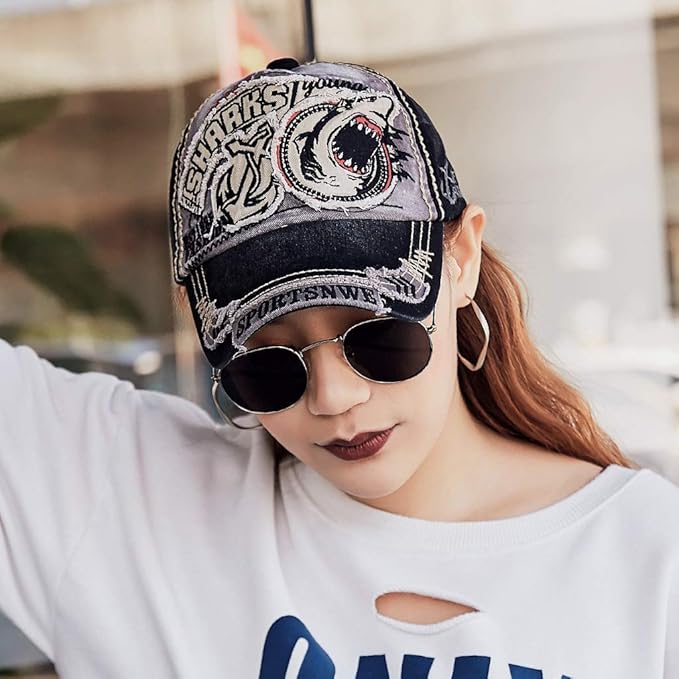 Elwow Men's Oilcloth Front Decor Washed Distressed Embroidery Baseball Cap Driver Trucker Hat with Eagle & Shark Patch