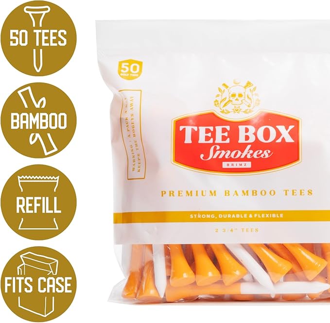 BRIMZ Tee Box Smokes Bamboo Golf Tees Refill Bag – 50 Premium 2¾" Bamboo Golf Tees – Eco Friendly Golf Accessories – Durable Biodegradable Golf Tees (Refill Bag - 50 Tees Total)