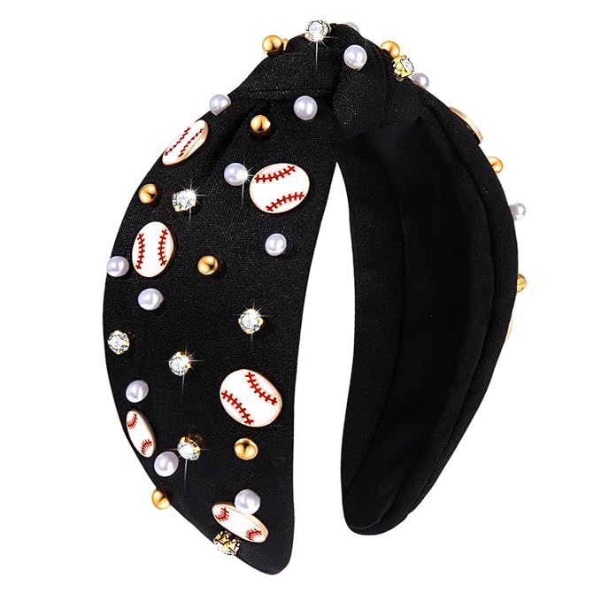 Baseball Headband for Women Baseball Accessories Beaded Crystal Pearl Knotted Headbands Baseball Charm Embellished Headband Wide Top Knot Sports Game Day Headband Gifts (A-Black 2)