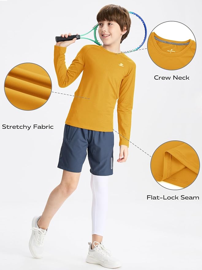 DEVOROPA Youth Boys Compression Shirt Long/Short Sleeve Football Baseball Undershirt Quick Dry Kids Sports Baselayer Crewneck
