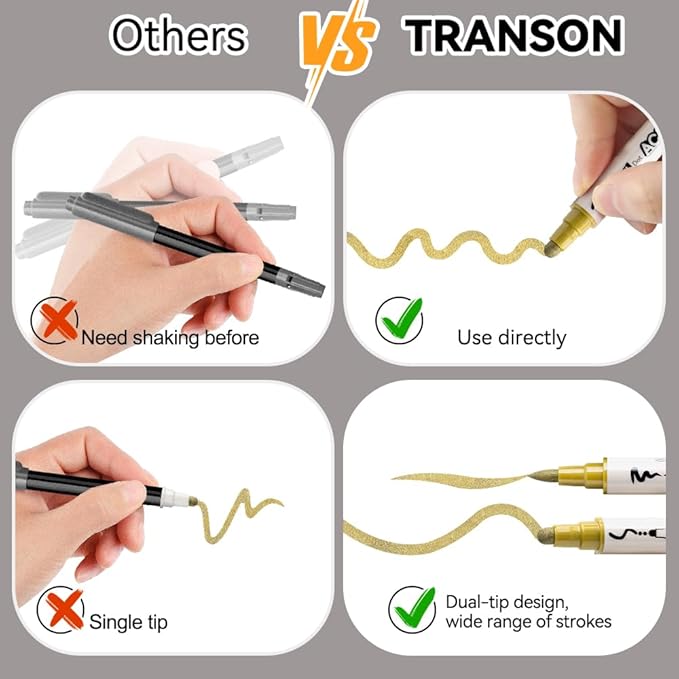 TRANSON 2 Gold, 2 Silver, 2 Black and 2 White Paint Markers Brush and Bold - Image 5