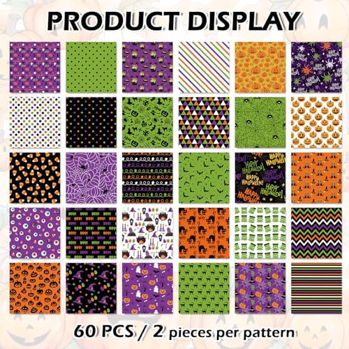 JarThenaAMCS 60Pcs Halloween Cotton Fabric Bundles 10 x 10 Inch Pumpkin Bat Ghost Black Cat Spider Web Precut Quilting Cotton Fabric Patchwork Squares for DIY Craft Sewing Party Decor