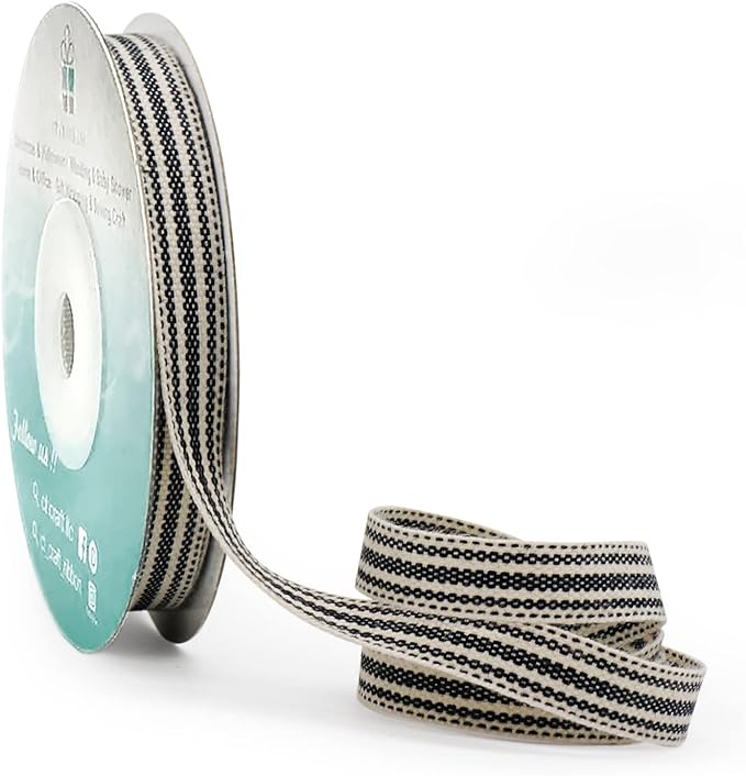 CT CRAFT LLC Ivory Cotton Black Stripes Ribbon 3/8" x 10 Yards by CTCRAFTLLC