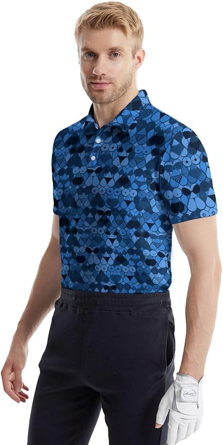 HUURAY Funny Golf Polos for Men Funny Print Short Sleeve Shirts Quick Dry Polo Shirts Hawaiian Shirt Performance Golf Outfits