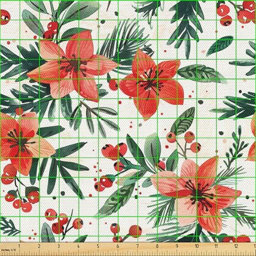 Lunarable Christmas Fabric by The Yard, Xmas Family Time Harmony and Love with Traditional Flowers Illustration, Decorative Fabric for Upholstery and Home Accents, 1 Yard, Vermilion Dark Green