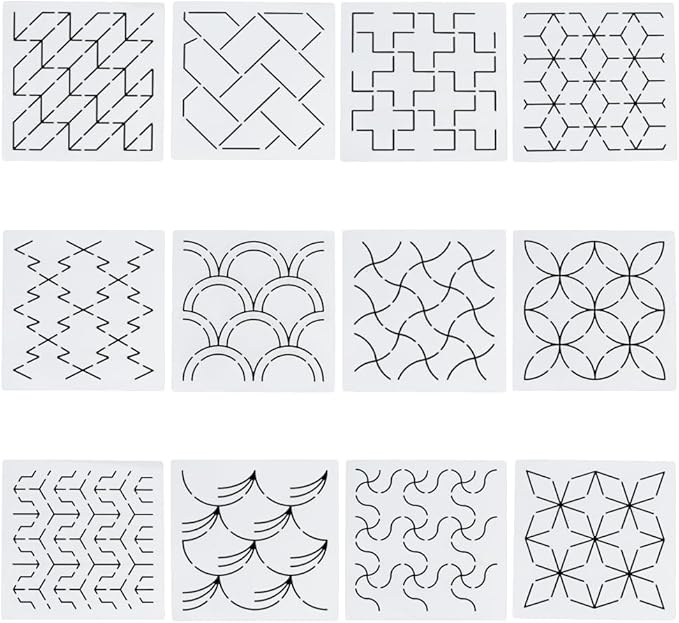 FREEBLOSS 12Pcs Sashiko Stencils Sashiko Embroidery PET Template Drawing Line by FreeandCreativeCraftsArt