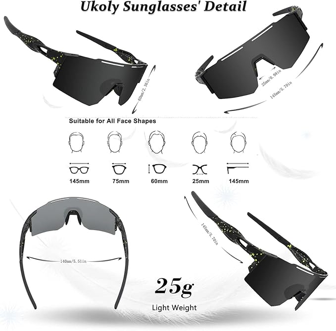 Ukoly Cycling Sunglasses for Men Women with 3 Interchangeable Lenses, Polarized Sports Sunglasses, Baseball Sunglasses