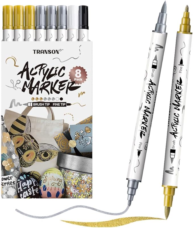 TRANSON 3 Gold, 3 Silver, 1 Black and 1 White Paint Markers Brush and Fine by Transon