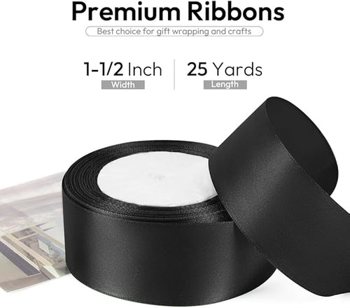 1-1/2 Inch 25 Yards Satin Ribbon Black, Solid Color Fabric Ribbon - Image 2
