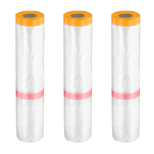 HARFINGTON 3 Rolls Pre-Taped Masking Film 177.2" x65.6ft Double Adhesive Tape by HARFINGTON