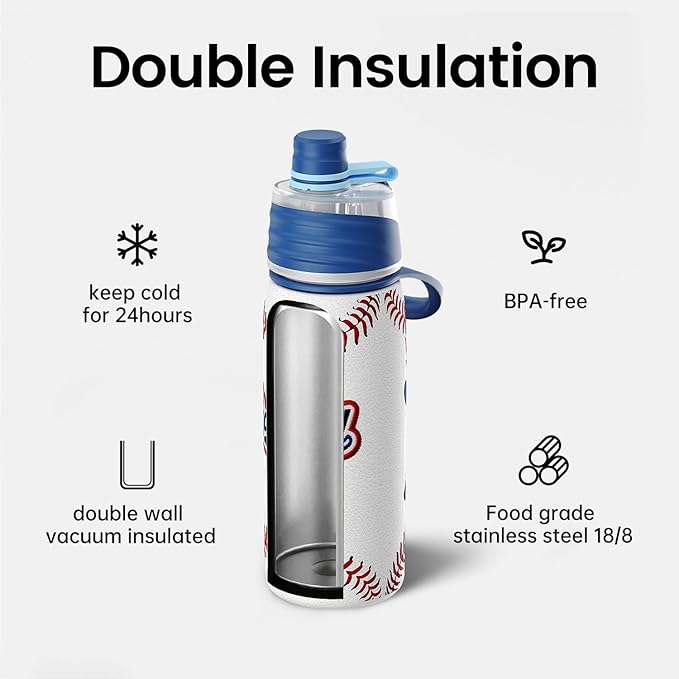 Baseball Water Bottle - 20oz Insulated Misting Water Bottles Stainless Steel 3D Textured - Baseball Accessories Gift for Kids
