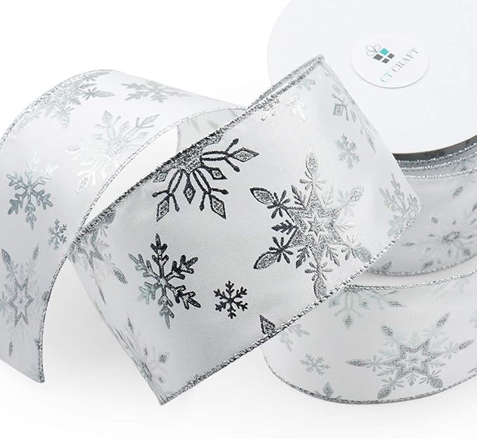 CT CRAFT LLC Satin with Silver Snowflake Wired Ribbon 2.5 Inch x 10 Yards - Image 3