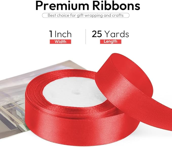 1 Inch 25 Yards Satin Ribbon Red, Solid Color Fabric Ribbon - Image 2