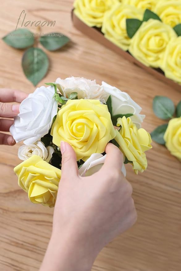 Floroom Artificial Flowers 25pcs Real Looking Canary Yellow Foam Fake Roses - Image 4