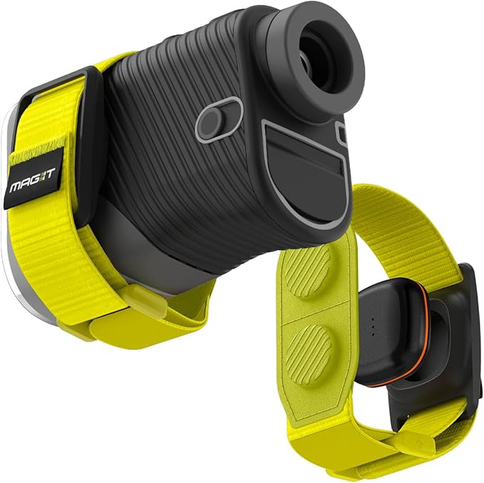 MAG-iT Magnetic Golf Range Finder Strap with Built-in GPS Tracker – GPS Tracker Holder Compatible with Find My App – Magnetic Mount for Golf Cart - Neon Yellow