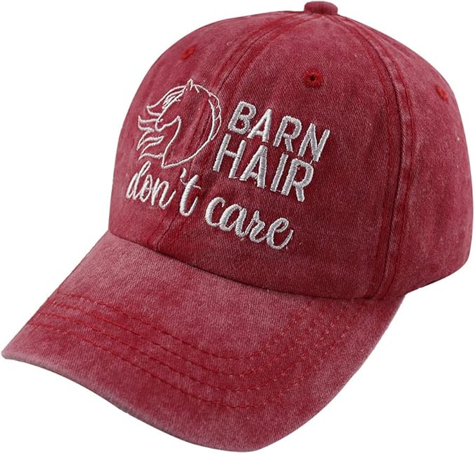Barn Hair Don't Care Hat, Embroidered Adjustable Wash Cotton Baseball Cap, Horse Lovers Gifts for Women Men