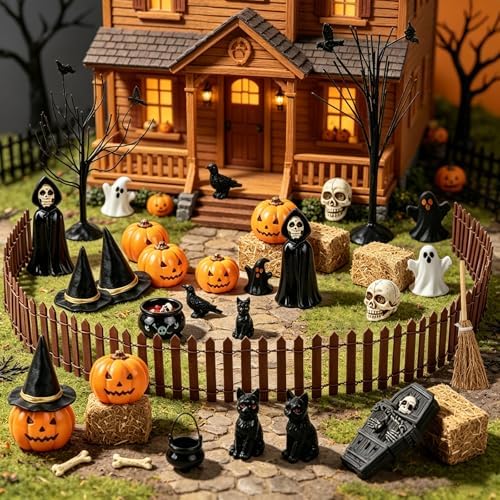39 PCS Halloween Village Miniature Decorations Mini Halloween Figurines Tiny Resin Spooky Miniature Include Trees Tombstones Pumpkins Ghosts Witch Hats Ravens Fence for Table Haunted House Party Decor