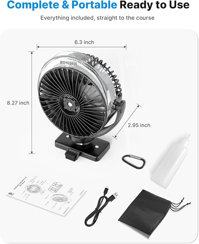BOYISEN Magnetic Golf Cart Misting Fan Rechargeable, 12000mAh Battery Operated USB Portable Fan with 4 Speeds, Spray, LED, Timers, Golf Cart Accessories for Club Car Camping Office Cruise Ship 1-Pack