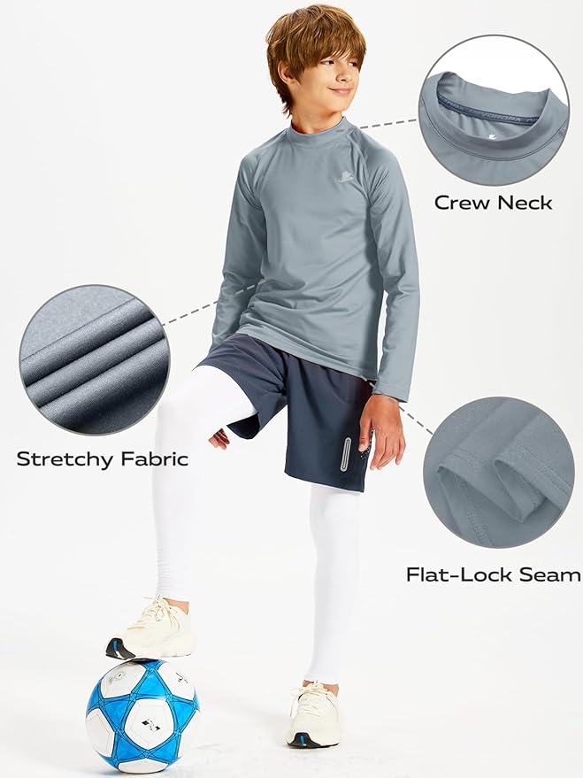DEVOROPA Youth Boys Compression Thermal Shirt Long Sleeve Kids Fleece Baselayer Soccer Baseball Undershirt Slim/Regular/Husky
