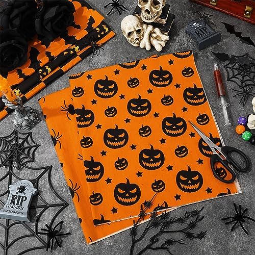 Whaline 12Pcs Halloween Cotton Fabric Bundles 18 x 22 Inch Spider Pumpkin Bat Plaid Stripe Dot Fat Quarters Orange Black Halloween Quilting Patchwork Squares Sewing Fabrics for DIY Craft Party Decor