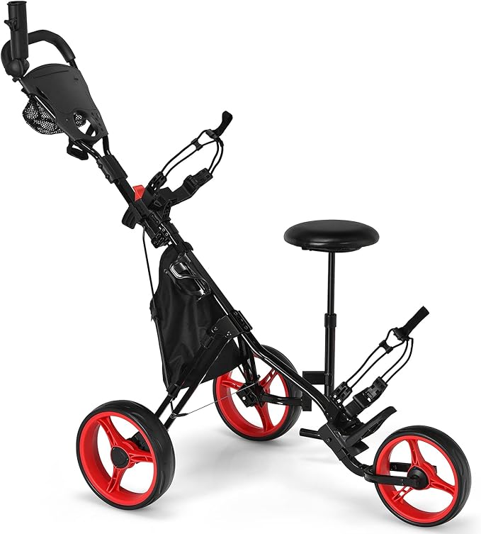 Tangkula Golf Push Pull Cart with Seat, Lightweight Folding 3 Wheels Golf Push Cart, Golf Trolley W/Storage Bag, Foot Brake, Adjustable Umbrella Holder & Seat, 4 Height Position Handle (Red)