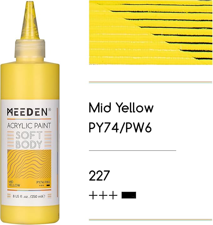 MEEDEN Mid Yellow Acrylic Paint: Matte Finish 250ml/8.45oz Soft Body Bulk - Image 2