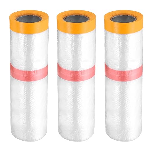 HARFINGTON 3 Rolls Pre-Taped Masking Film 106.3" x32.8ft Double Adhesive Tape by HARFINGTON