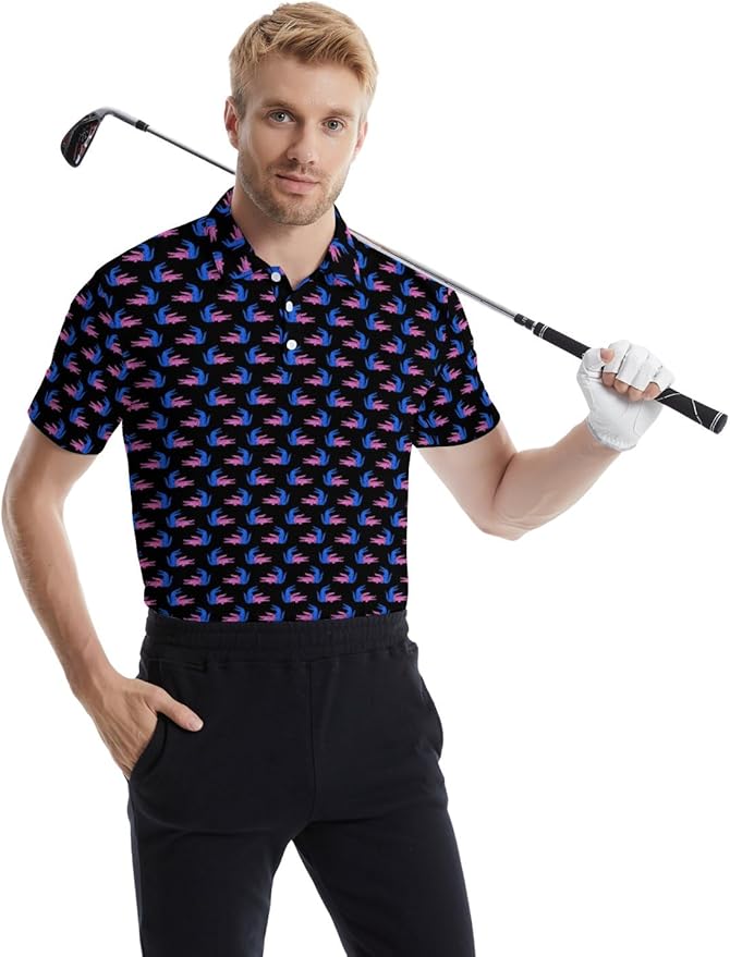 HUURAY Funny Golf Polos for Men Funny Print Short Sleeve Shirts Quick Dry Polo Shirts Hawaiian Shirt Performance Golf Outfits