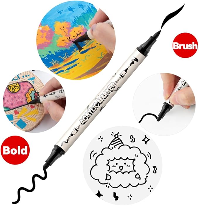 TRANSON 4 Black and 4 White Paint Markers Brush and Bold Dual-tip Acrylic Paint - Image 3