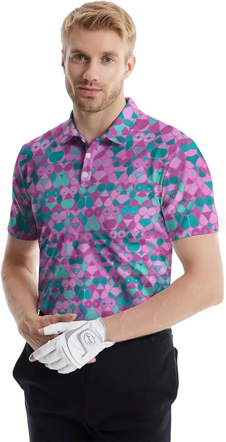 HUURAY Funny Golf Polos for Men Funny Print Short Sleeve Shirts Quick Dry Polo Shirts Hawaiian Shirt Performance Golf Outfits