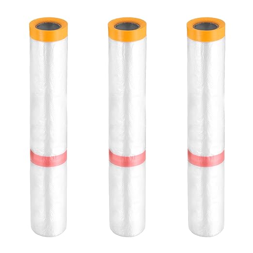 HARFINGTON 3 Rolls Pre-Taped Masking Film 177.2" x32.8ft Double Adhesive Tape by HARFINGTON