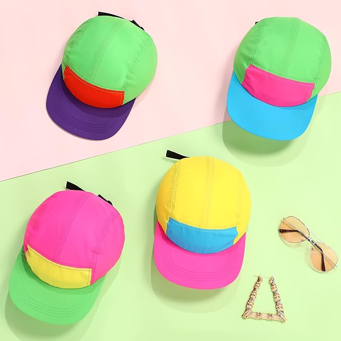 Cindeer 4 Pcs 80s Neon Hat Bulk Retro Cap Nylon Baseball Adjustable Cap for Women Men 80s 90s Halloween Costumes Accessories