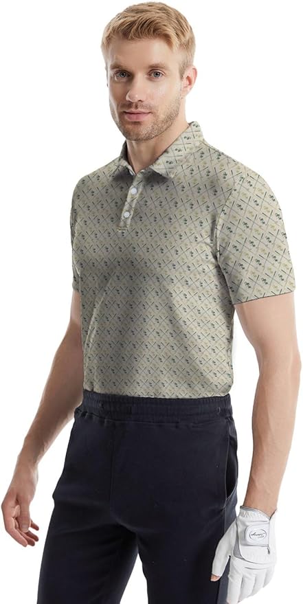 HUURAY Funny Golf Polos for Men Funny Print Short Sleeve Shirts Quick Dry Polo Shirts Hawaiian Shirt Performance Golf Outfits