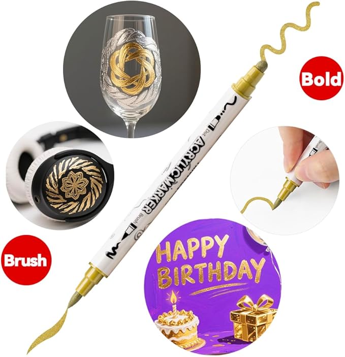 TRANSON 2 Gold, 2 Silver, 2 Black and 2 White Paint Markers Brush and Bold - Image 3