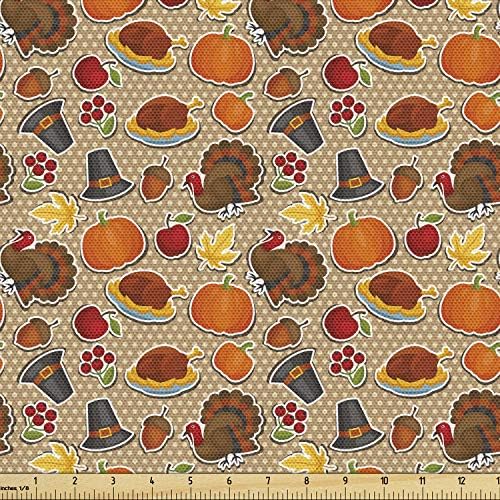 Lunarable Thanksgiving Fabric by The Yard, Happy November Holiday Pattern Cartoon Festivity on Retro Polka Dots, Decorative Fabric for Upholstery and Home Accents, 1 Yard, Black Brown