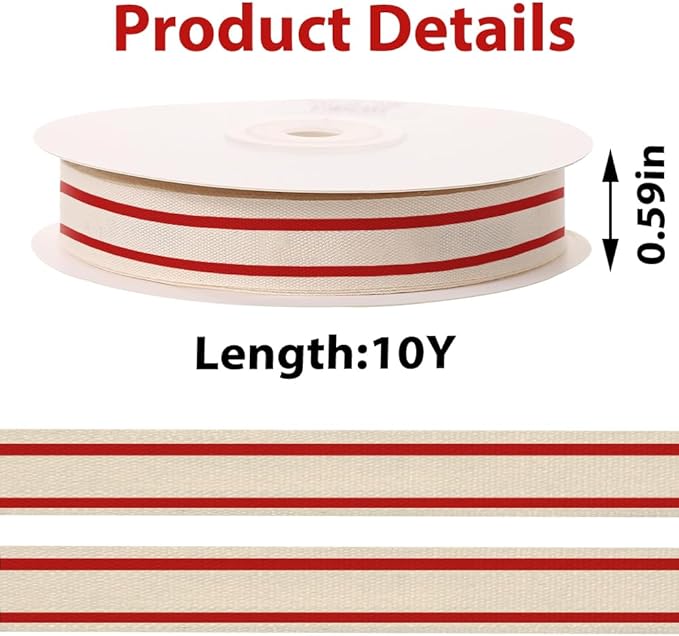 10 Yards × 3/5 Inch Red Natural Cotton Ribbon, Double Sided Webbing Straps - Image 2