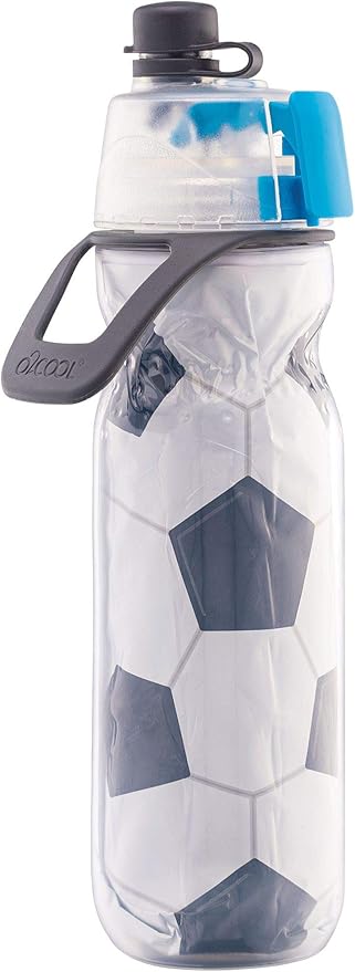 O2COOL Mist 'N Sip Misting Water Bottle 2-in-1 Mist And Sip Function With No Leak Pull Top Spout Reusable Sports Water Bottle - 20 oz (2 Pack Soccer)