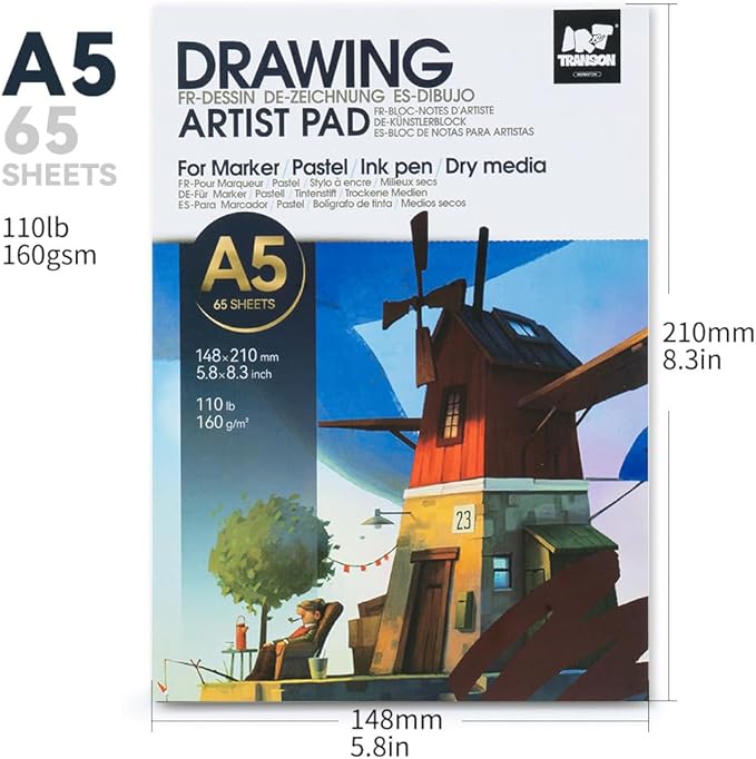 TRANSON Artist Mix Media Sketchbook Marker Pad, 5.8”x8.3” 65 Sheets A5 Art - Image 3