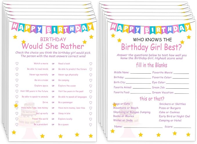 Birthday Party Games Set for Girls- 20 Birthday Double Sided Games Cards Set- by ALodr