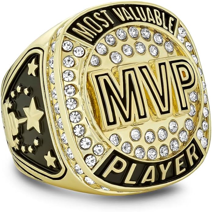 Express Medals Champion Gold MVP Most Valuable Player Trophy Ring Award Gift Prize with Display Neck Chain and Stand Championship Rings