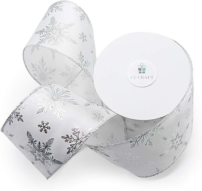 CT CRAFT LLC Satin with Silver Snowflake Wired Ribbon 2.5 Inch x 10 Yards - Image 2