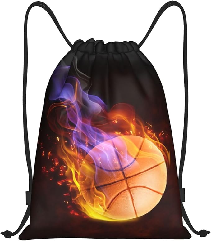Kids Drawstring Bag with Fire Basketball for Boys, Sports Drawstring Backpack for Teens Boys Girls Adults Women Men, Black Daypack Bag for Work Gym Swim Travel Hiking School, Small