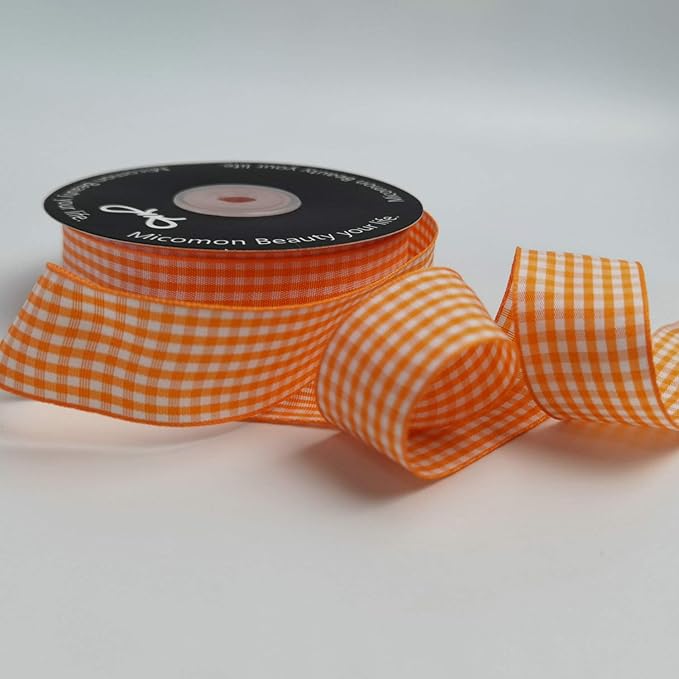 Micomon Orange Gingham Plaid Checked Ribbon 25 Yard Each Roll 100% Polyester - Image 6