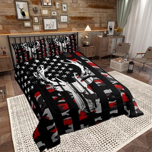 Camo American Flag Twin Comforter Set Boys,Deer Antlers Red Camouflage Quilt Set Flags for Room Teens,Wild Animal Hunting Rustic Farm Branches Leaves Plant Stars Stripes USA Flag Bedding Set