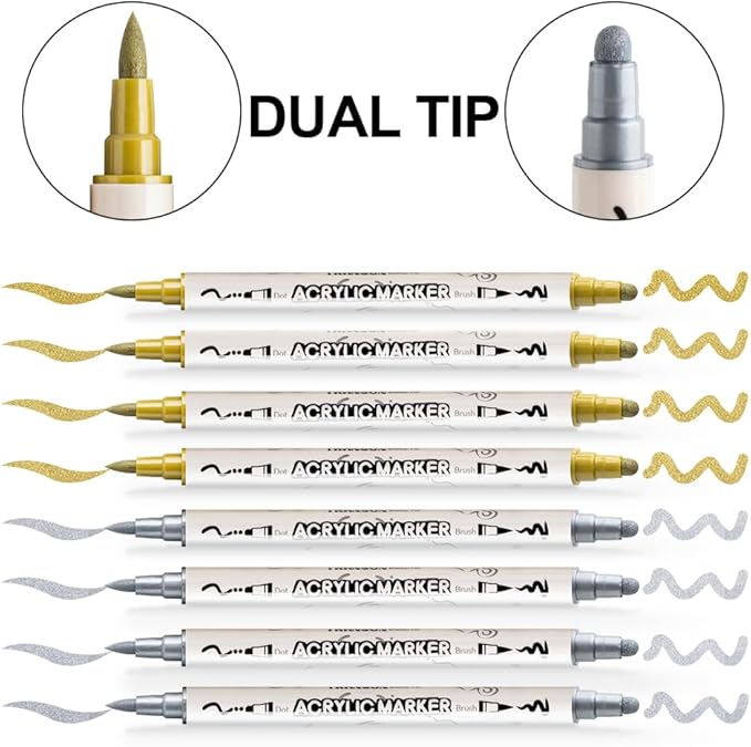 TRANSON 4 Silver and 4 Gold Paint Markers Brush and Bold Dual-tip Acrylic Paint - Image 4