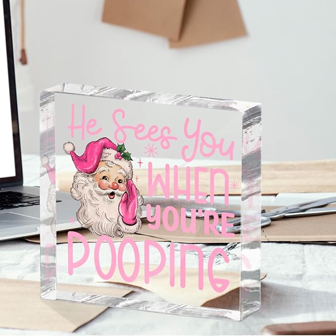 Funny Santa Desk Decor Acrylic Sign 4X4 Inch, Humorous Christmas Decorations - Image 4
