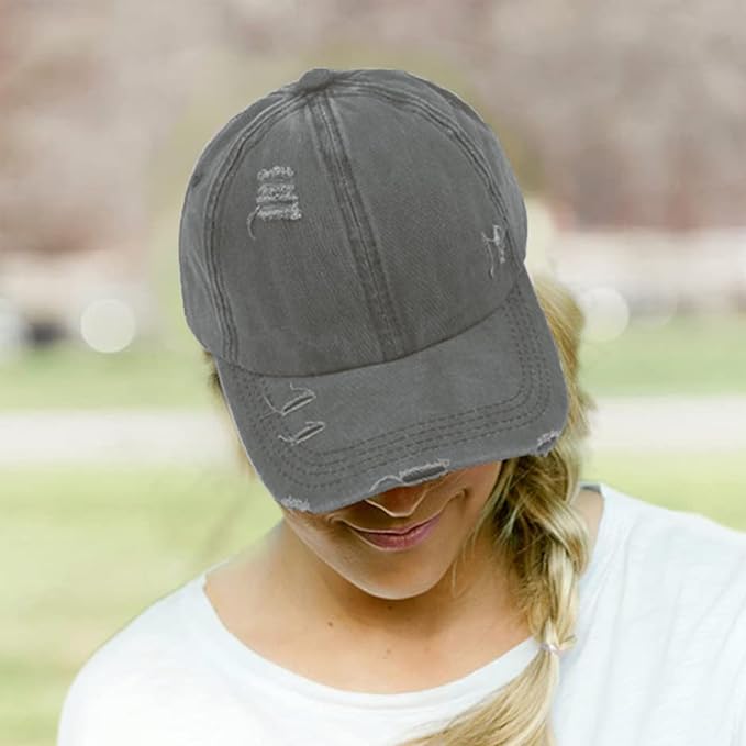 Womens Criss Cross Ponytail Baseball Cap Distressed Ponytail Hat High Messy Bun Trucker Ponycap for Outdoor Sports